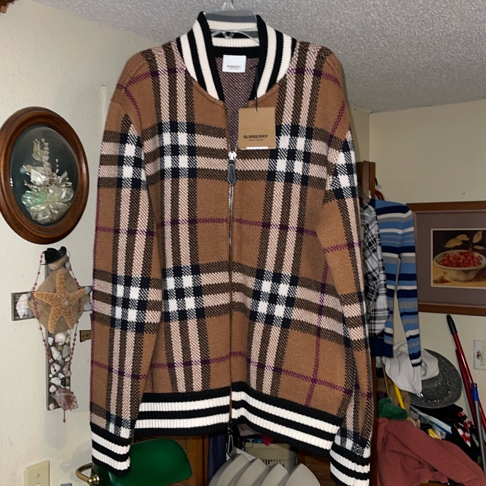 BURBERRY®️ Birch Brown Check Cashmere Bomber Jacket.